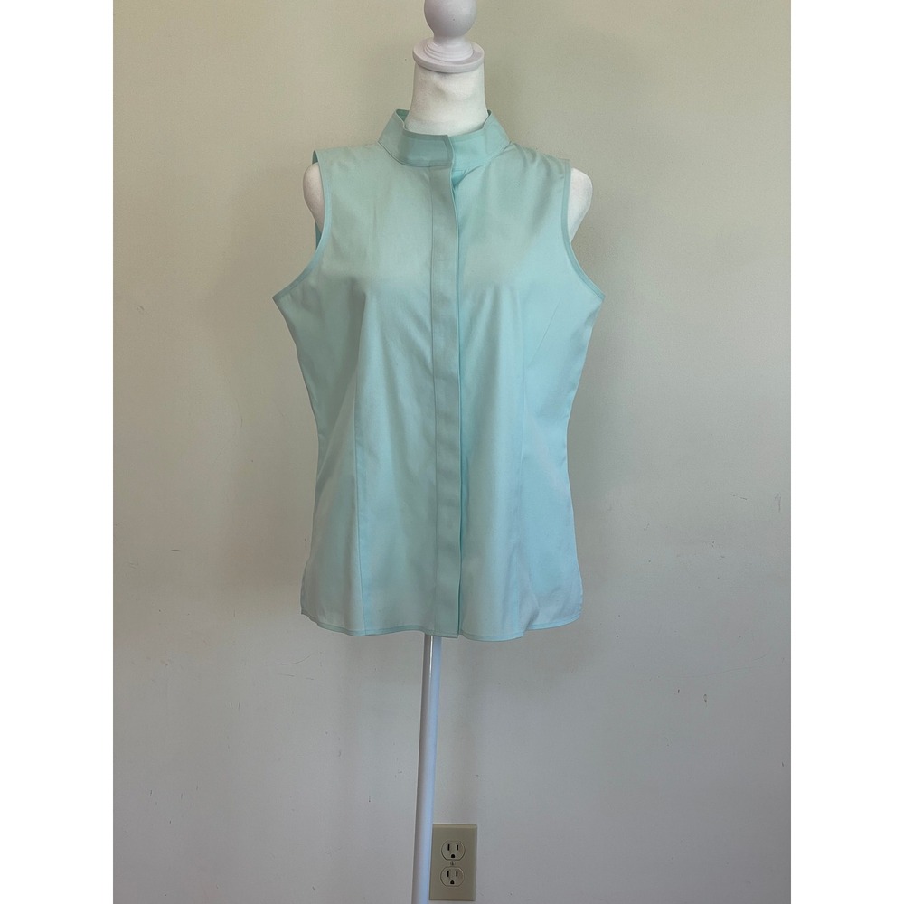 Talbots Light Aqua Blue Sleeveless Mock Neck Hidden Button Front Blouse Top  10P